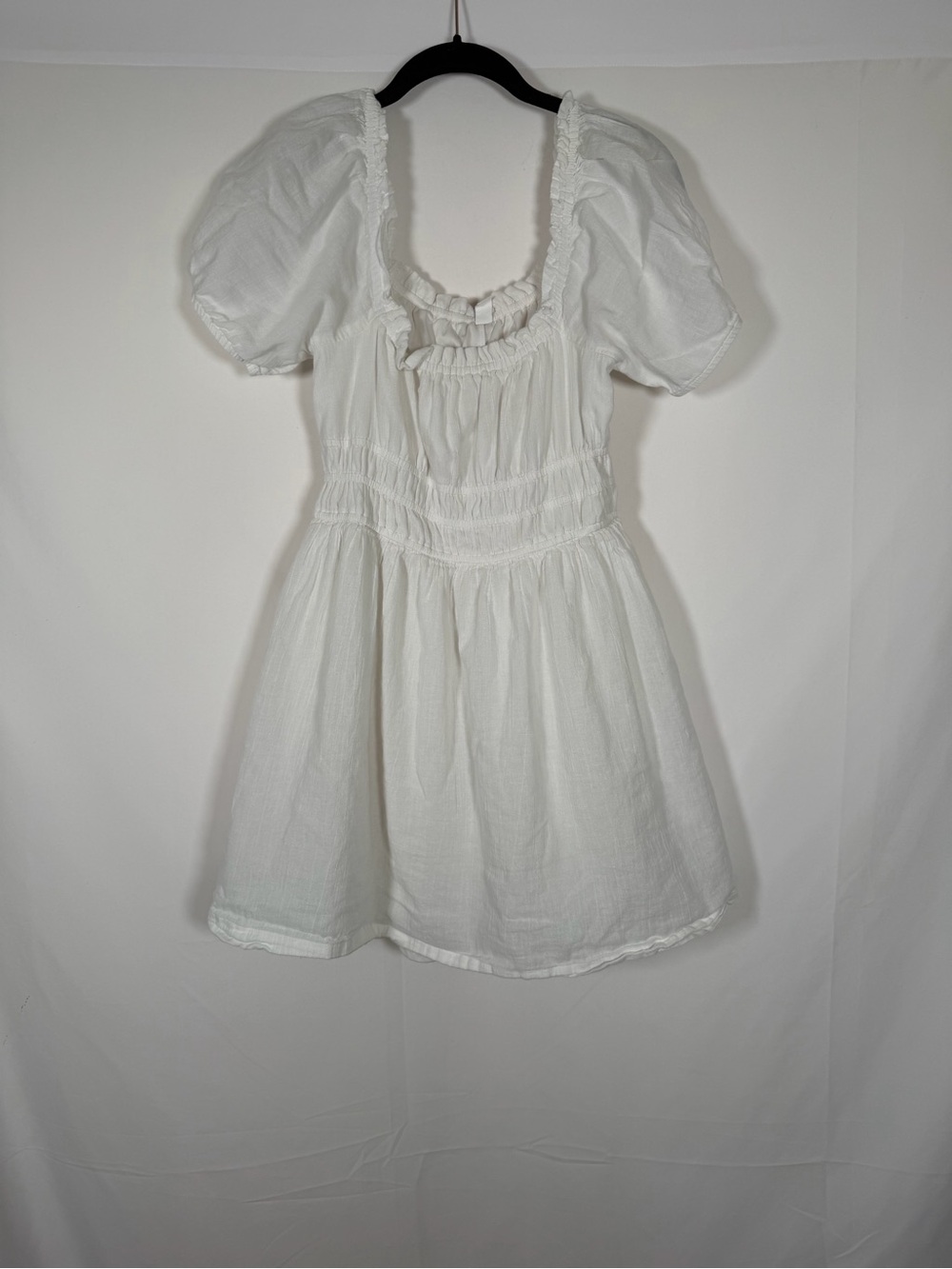 bp Cottage Boho White Puff-Sleeve 100% Cotton Sundress with Ruffle Neckline